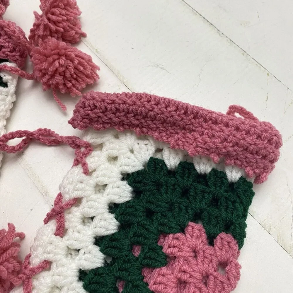 Vtg Handmade Lot of 3 Crochet Granny Square Christmas Stockings Green Pink White